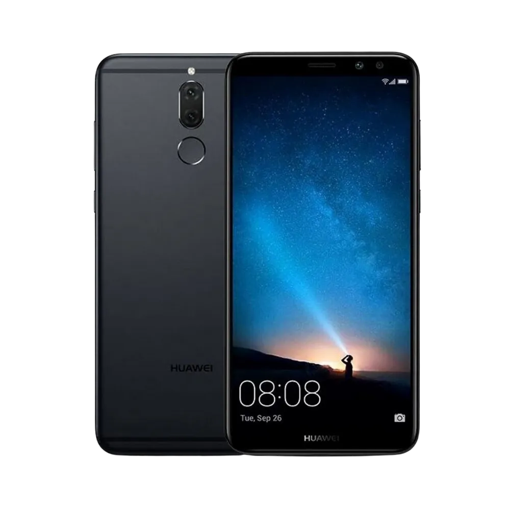 Photo Huawei Mate 10 Lite en vue avant avec écran allumé et arrière noir visible, angle trois quarts. Image optimisée iTelier Lyon pour réparation écran LCD, batterie, diagnostic gratuit et pièces garanties.