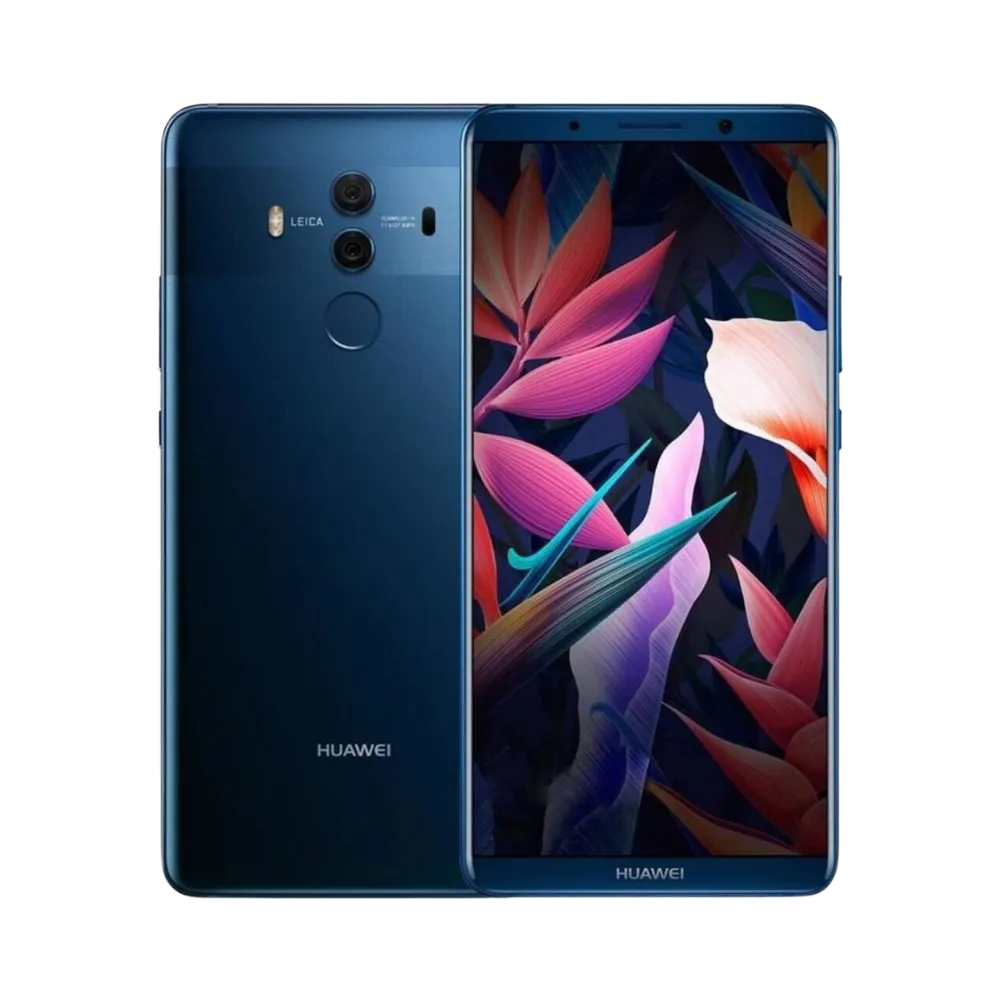 Photo Huawei Mate 10 Pro en vue avant avec écran allumé et arrière bleu visible, angle trois quarts. Image optimisée iTelier Lyon pour réparation écran OLED, batterie, diagnostic gratuit et pièces garanties.