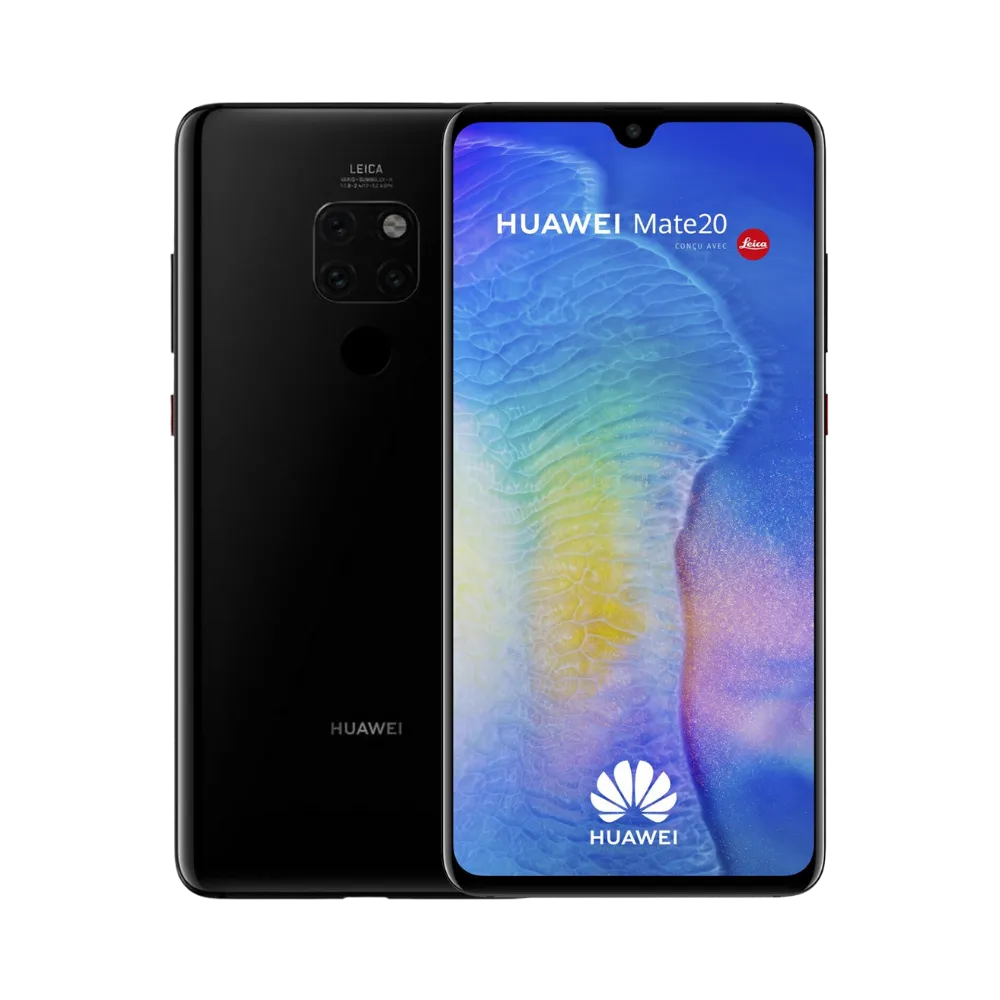 Photo Huawei Mate 20 en vue avant avec écran allumé et arrière noir visible, angle trois quarts. Image optimisée iTelier Lyon pour réparation écran LCD, batterie, diagnostic gratuit et pièces garanties.