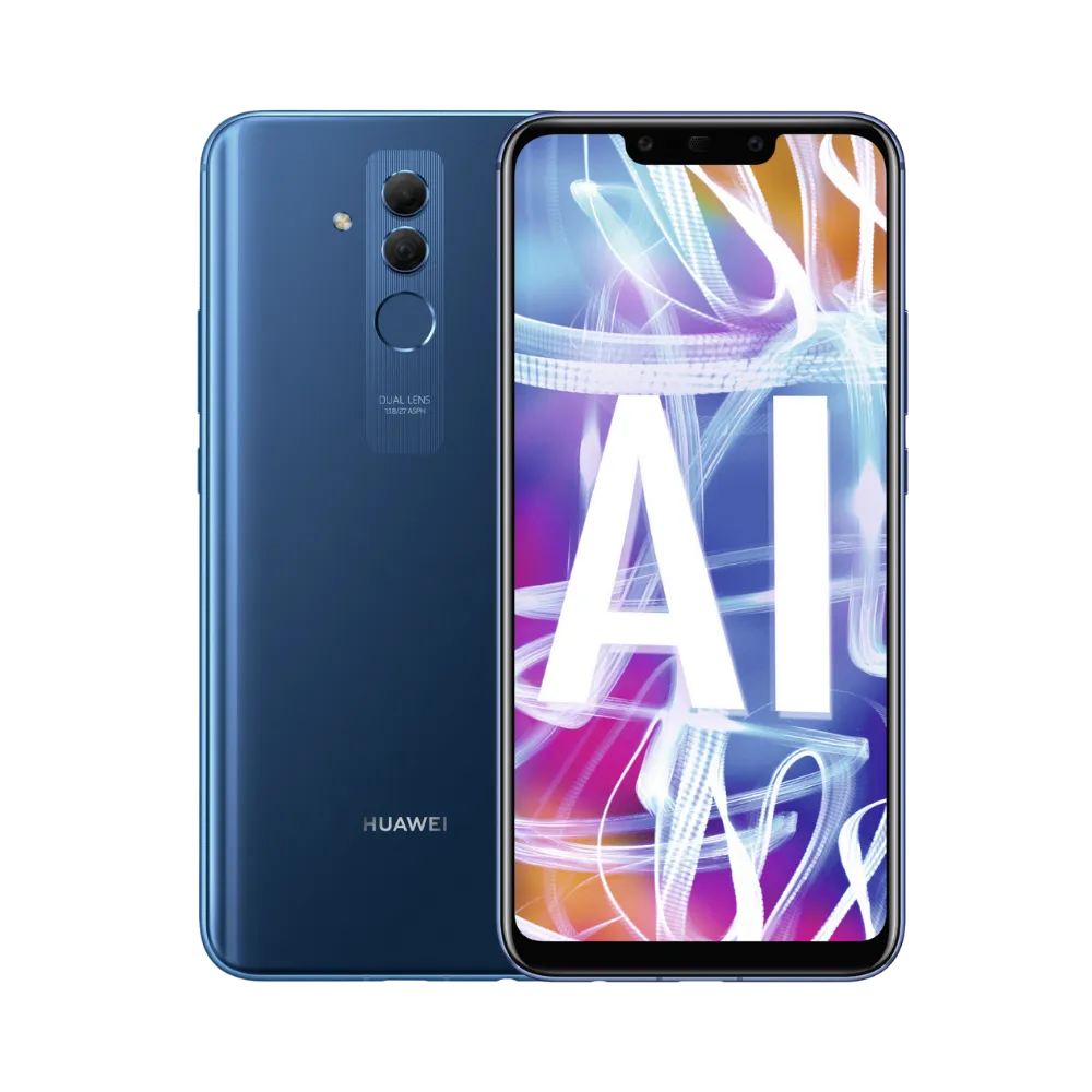 Photo Huawei Mate 20 Lite en vue avant avec écran allumé et arrière bleu foncé visible, angle trois quarts. Image optimisée iTelier Lyon pour réparation écran LCD, batterie, diagnostic gratuit et pièces garanties.