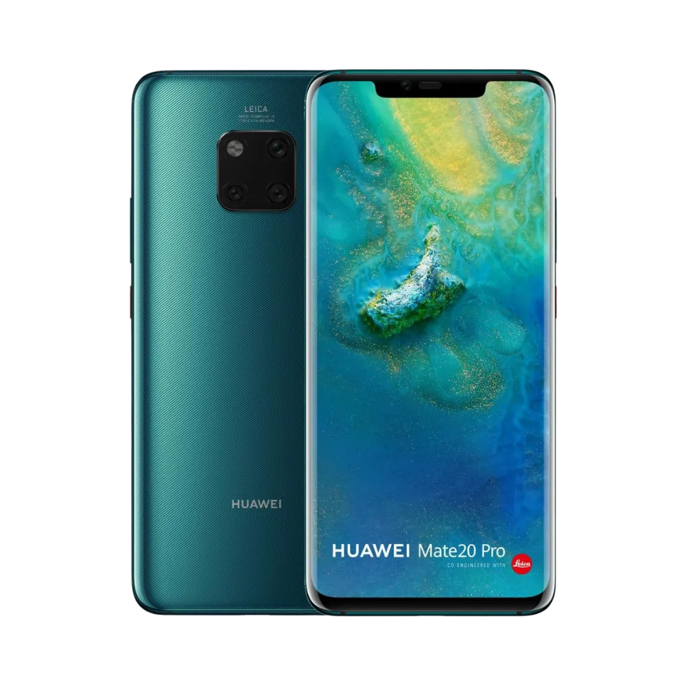 Photo Huawei Mate 20 Pro en vue avant avec écran allumé et arrière vert émeraude visible, angle trois quarts. Image optimisée iTelier Lyon pour réparation écran OLED, batterie, diagnostic gratuit et pièces garanties.