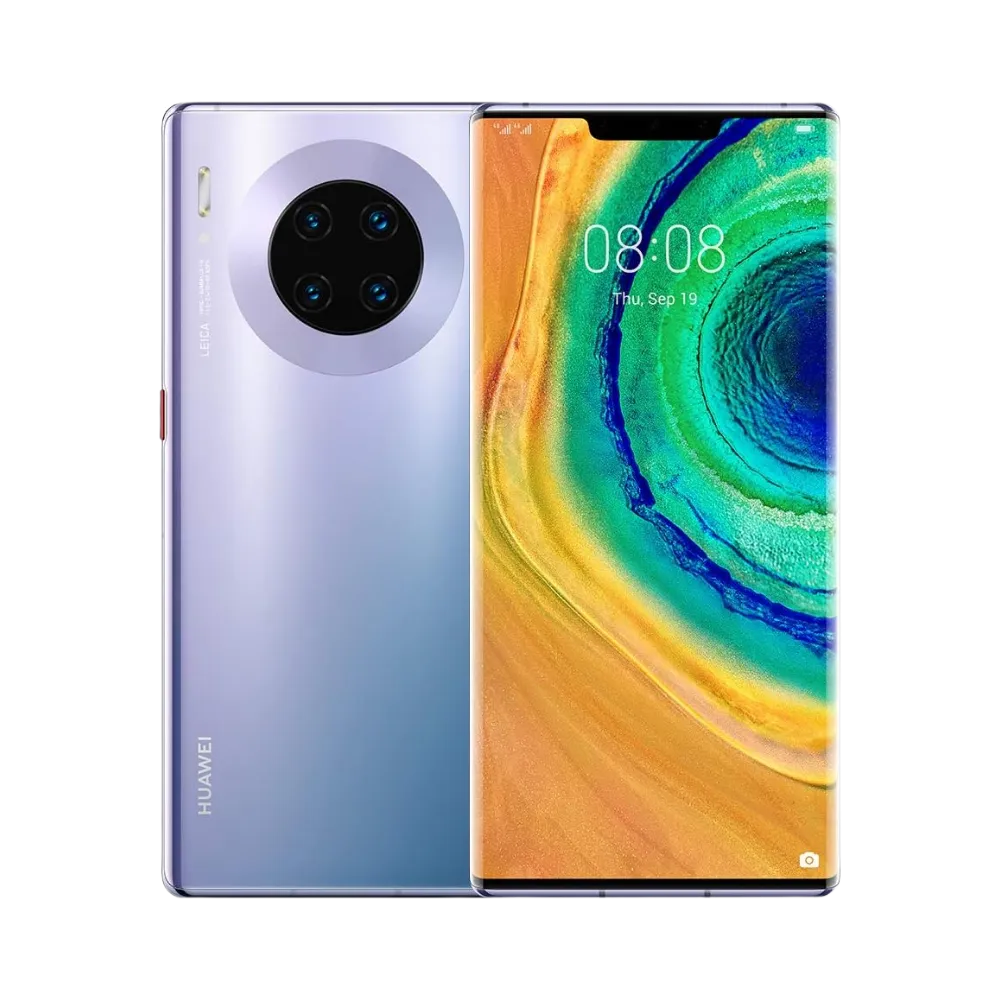 Photo Huawei Mate 30 Pro en vue avant avec écran allumé et arrière argenté dégradé visible, angle trois quarts. Image optimisée iTelier Lyon pour réparation écran OLED, batterie, diagnostic gratuit et pièces garanties.