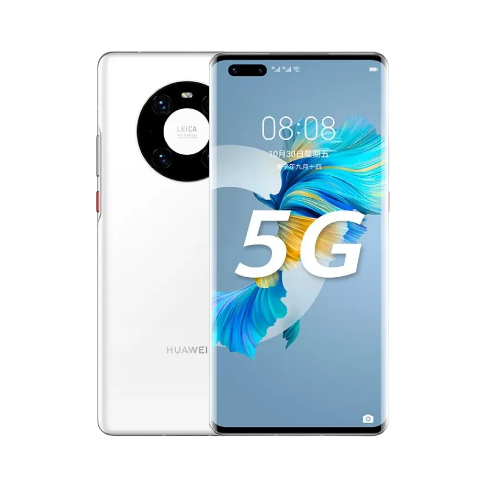 Photo Huawei Mate 40 Pro en vue avant avec écran allumé et arrière argenté visible, angle trois quarts. Image optimisée iTelier Lyon pour réparation écran OLED, batterie, diagnostic gratuit et pièces garanties.