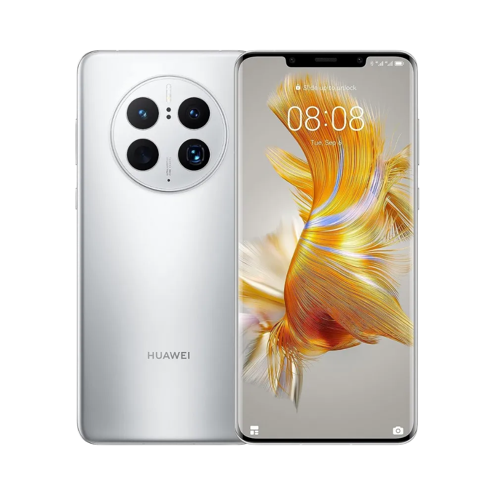 Photo Huawei Mate 50 Pro en vue avant avec écran allumé et arrière argenté visible, angle trois quarts. Image optimisée iTelier Lyon pour réparation écran OLED, batterie, diagnostic gratuit et pièces garanties.
