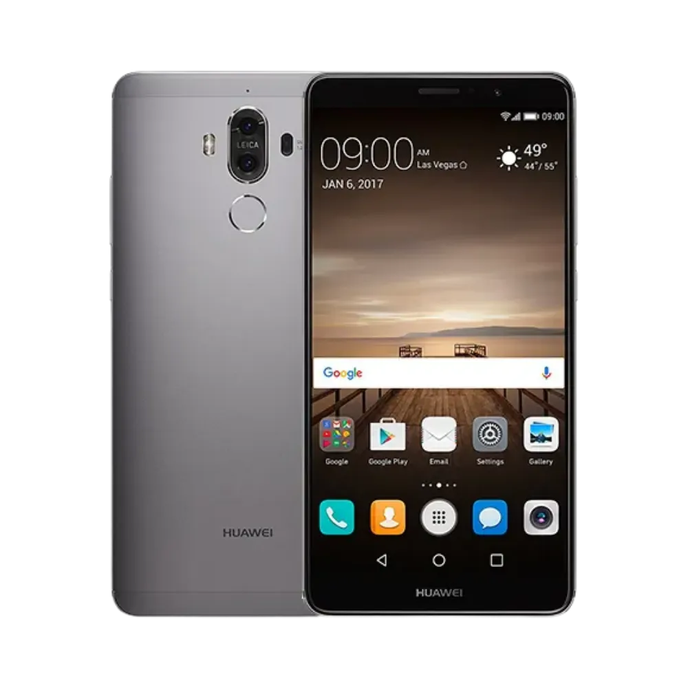 Photo Huawei Mate 9 en vue avant avec écran allumé et arrière gris métallisé visible, angle trois quarts. Image optimisée iTelier Lyon pour réparation écran LCD, batterie, diagnostic gratuit et pièces garanties.