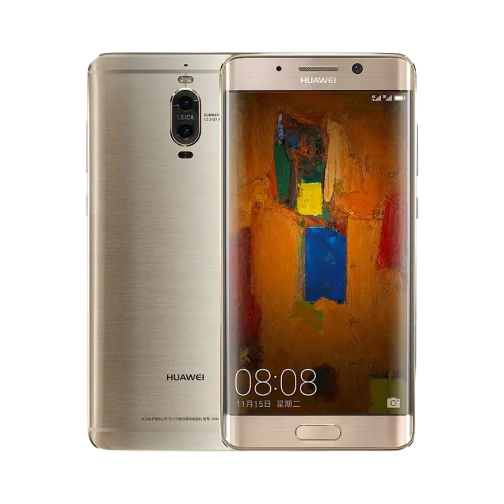 Photo Huawei Mate 9 Pro en vue avant avec écran allumé et arrière doré visible, angle trois quarts. Image optimisée iTelier Lyon pour réparation écran AMOLED incurvé, batterie, diagnostic gratuit et pièces garanties.