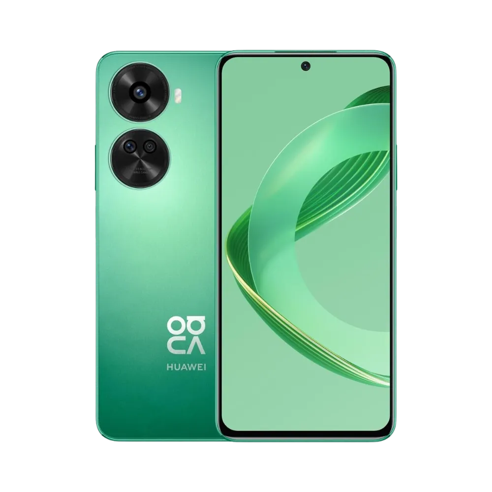 Photo Huawei Nova 12 SE en vue avant avec écran allumé et arrière vert clair visible, angle trois quarts. Image optimisée iTelier Lyon pour réparation écran OLED, batterie, diagnostic gratuit et pièces garanties.