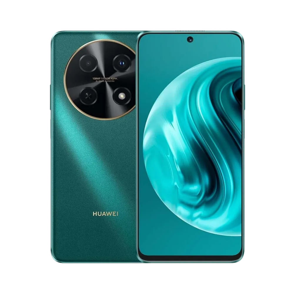 Photo Huawei Nova 12i en vue avant avec écran allumé et arrière vert émeraude visible, angle trois quarts. Image optimisée iTelier Lyon pour réparation écran LCD, batterie, diagnostic gratuit et pièces garanties.
