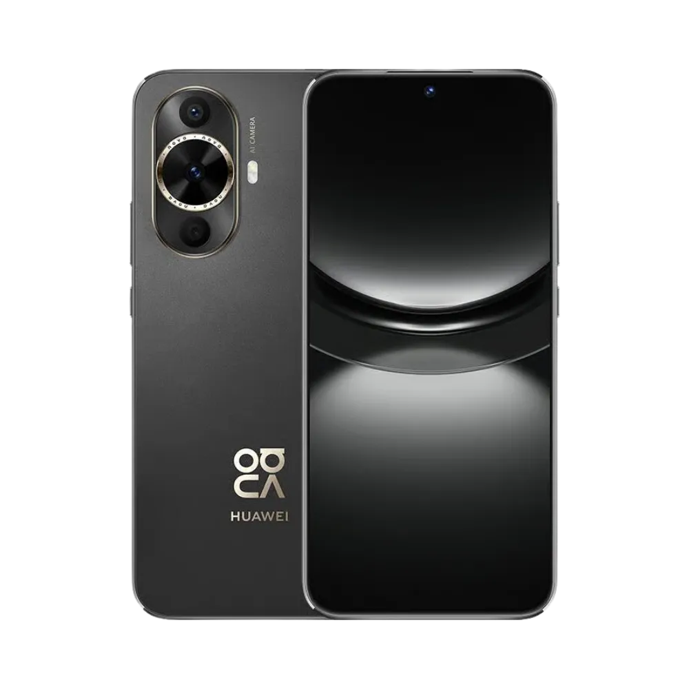 Photo Huawei Nova 12s en vue avant avec écran allumé et arrière noir visible, angle trois quarts. Image optimisée iTelier Lyon pour réparation écran OLED, batterie, diagnostic gratuit et pièces garanties.