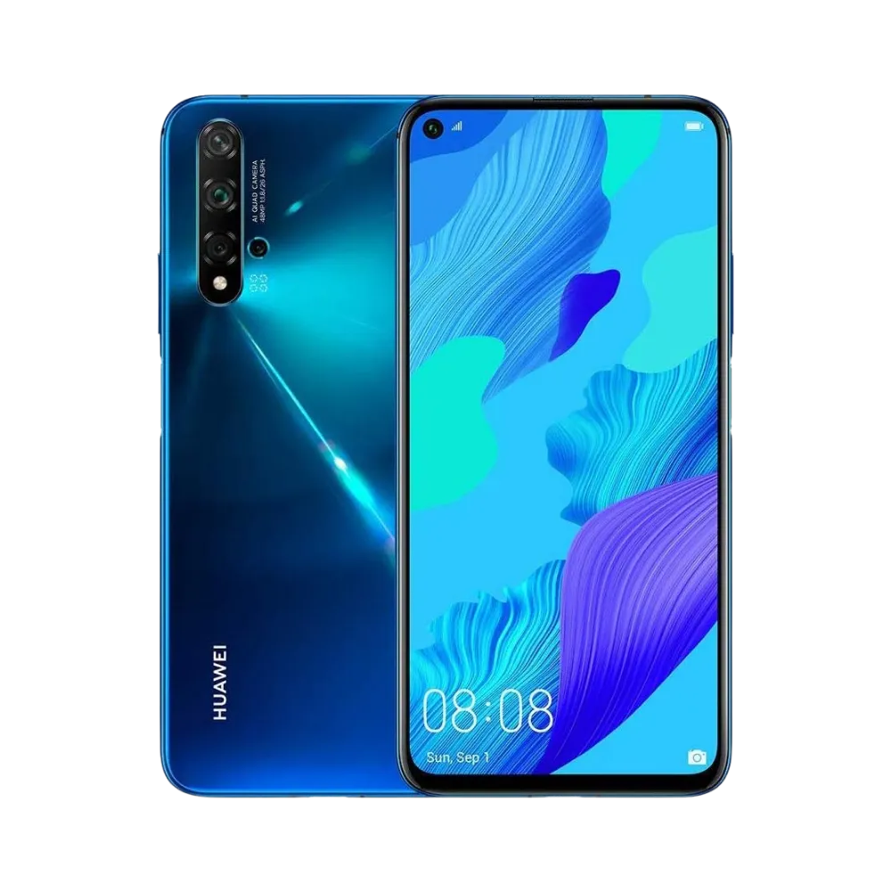 Photo Huawei Nova 5T en vue avant avec écran allumé et arrière bleu brillant visible, angle trois quarts. Image optimisée iTelier Lyon pour réparation écran LCD, batterie, diagnostic gratuit et pièces garanties.