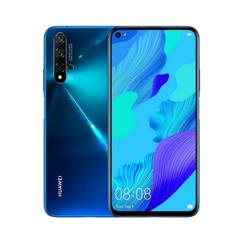 Photo Huawei Nova 5T en vue avant avec écran allumé et arrière bleu brillant visible, angle trois quarts. Image optimisée iTelier Lyon pour réparation écran LCD, batterie, diagnostic gratuit et pièces garanties.