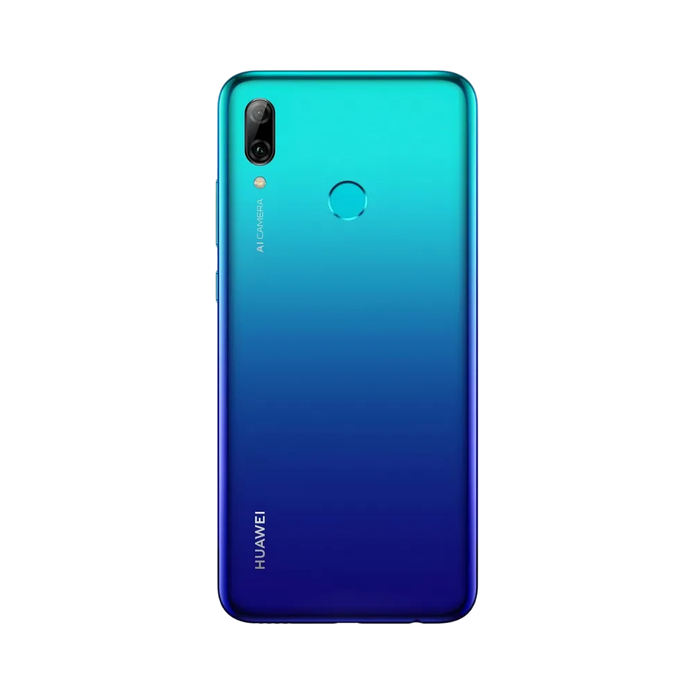 Smartphone Huawei P Smart 2019 en vue arrière bleu dégradé, double appareil photo vertical à gauche et lecteur d’empreintes centré. Photo iTelier Lyon pour réparation vitre arrière, batterie et diagnostic gratuit.