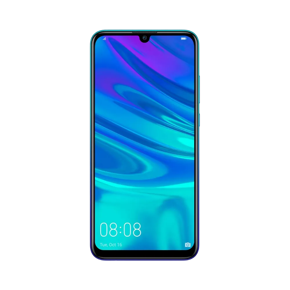 Huawei P Smart 2019 affiché en vue frontale avec écran allumé montrant fond violet et bleu. Illustration iTelier Lyon pour réparation écran fissuré, vitre tactile, diagnostic offert et service rapide garanti.