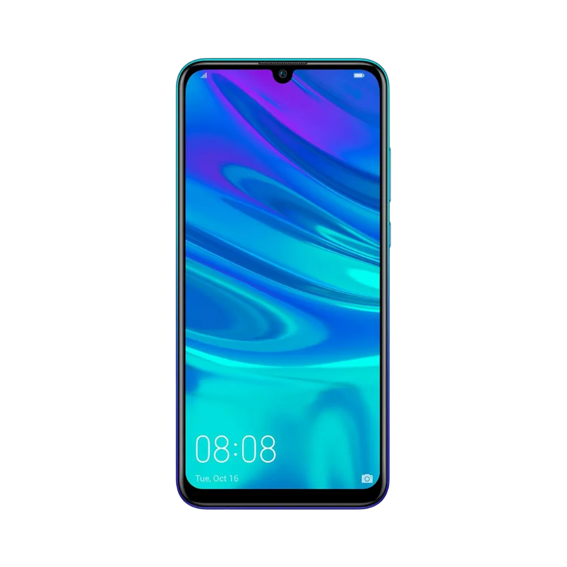 Huawei P Smart 2019 affiché en vue frontale avec écran allumé montrant fond violet et bleu. Illustration iTelier Lyon pour réparation écran fissuré, vitre tactile, diagnostic offert et service rapide garanti.