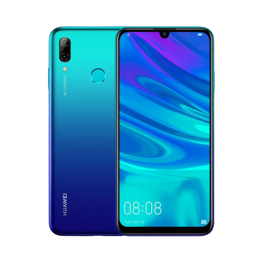 Photo Huawei P Smart 2019 en vue avant avec écran allumé et arrière bleu dégradé visible, angle trois quarts. Image optimisée iTelier Lyon pour réparation écran LCD, batterie, diagnostic gratuit et pièces garanties.