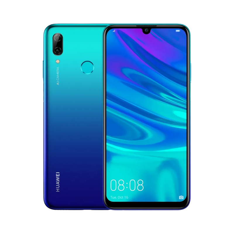 Photo Huawei P Smart 2019 en vue avant avec écran allumé et arrière bleu dégradé visible, angle trois quarts. Image optimisée iTelier Lyon pour réparation écran LCD, batterie, diagnostic gratuit et pièces garanties.