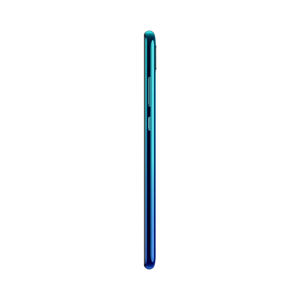 Huawei P Smart 2019 présenté de profil bleu, finesse du châssis et boutons latéraux visibles. Image optimisée iTelier Lyon pour réparation boutons, connecteur de charge et diagnostic gratuit.