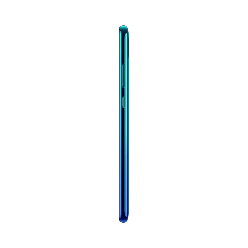 Huawei P Smart 2019 présenté de profil bleu, finesse du châssis et boutons latéraux visibles. Image optimisée iTelier Lyon pour réparation boutons, connecteur de charge et diagnostic gratuit.