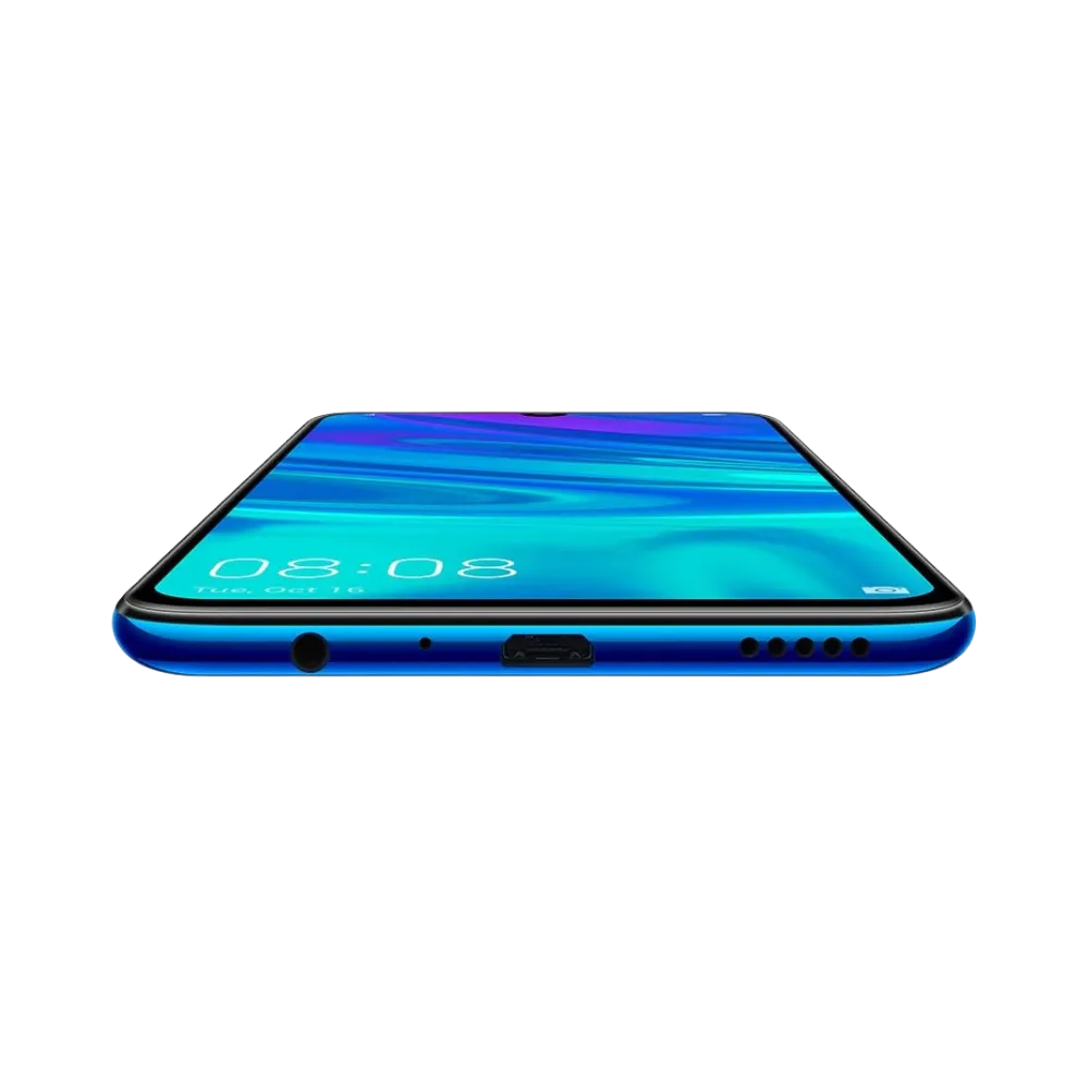 Huawei P Smart 2019 posé à plat, montrant son châssis fin et connectique inférieure. Photo optimisée iTelier Lyon pour réparation connecteur de charge, haut-parleur et diagnostic gratuit.
