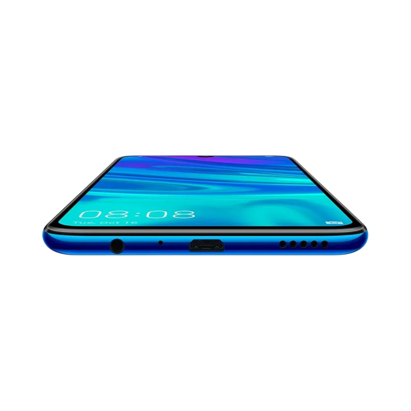 Huawei P Smart 2019 posé à plat, montrant son châssis fin et connectique inférieure. Photo optimisée iTelier Lyon pour réparation connecteur de charge, haut-parleur et diagnostic gratuit.