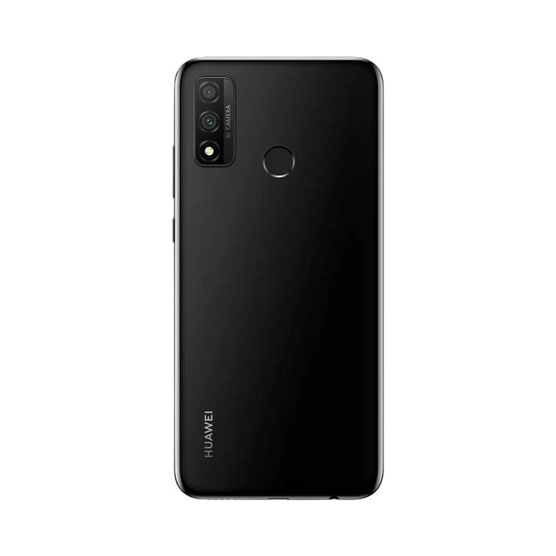 Smartphone Huawei P Smart 2020 en vue arrière noire, double capteur photo vertical avec flash et lecteur d’empreintes centré. Photo iTelier Lyon pour réparation vitre arrière, batterie et diagnostic gratuit avec garantie.