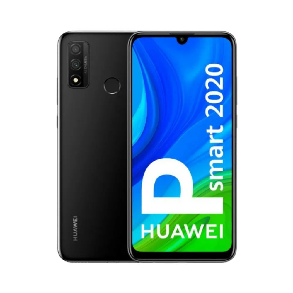 Photo Huawei P Smart 2020 en vue avant avec écran allumé et arrière noir visible, angle trois quarts. Image optimisée iTelier Lyon pour réparation écran LCD, batterie, diagnostic gratuit et pièces garanties.