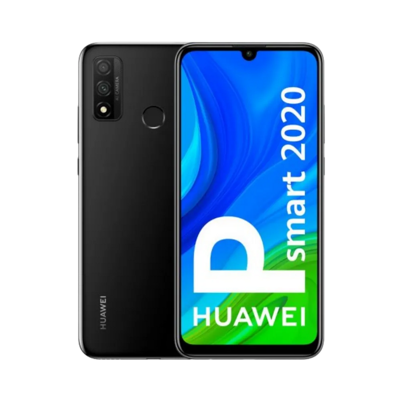 Photo Huawei P Smart 2020 en vue avant avec écran allumé et arrière noir visible, angle trois quarts. Image optimisée iTelier Lyon pour réparation écran LCD, batterie, diagnostic gratuit et pièces garanties.