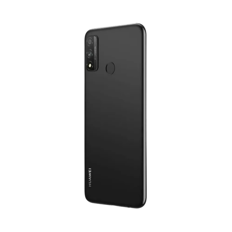 Huawei P Smart 2020 incliné sur l’arrière noir avec appareil photo vertical bien visible. Photo optimisée iTelier Lyon pour réparation vitre arrière, écran, batterie et diagnostic gratuit.