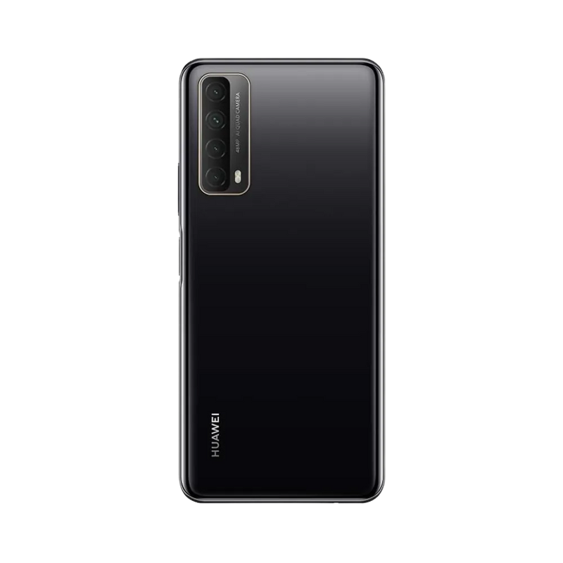 Smartphone Huawei P Smart 2021 en vue arrière noire, quadruple module photo vertical situé à gauche. Photo iTelier Lyon pour réparation vitre arrière, batterie et diagnostic gratuit avec garantie.