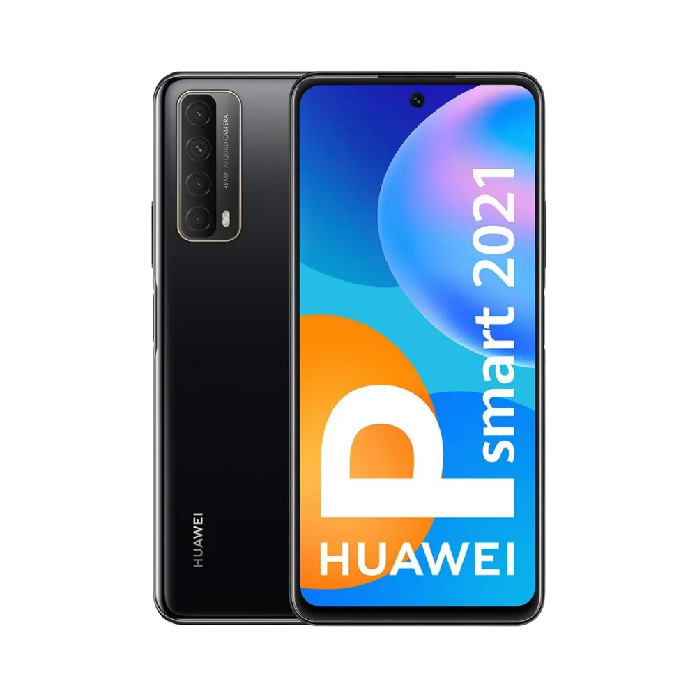 Photo Huawei P Smart 2021 en vue avant avec écran allumé et arrière noir visible, angle trois quarts. Image optimisée iTelier Lyon pour réparation écran LCD, batterie, diagnostic gratuit et pièces garanties.