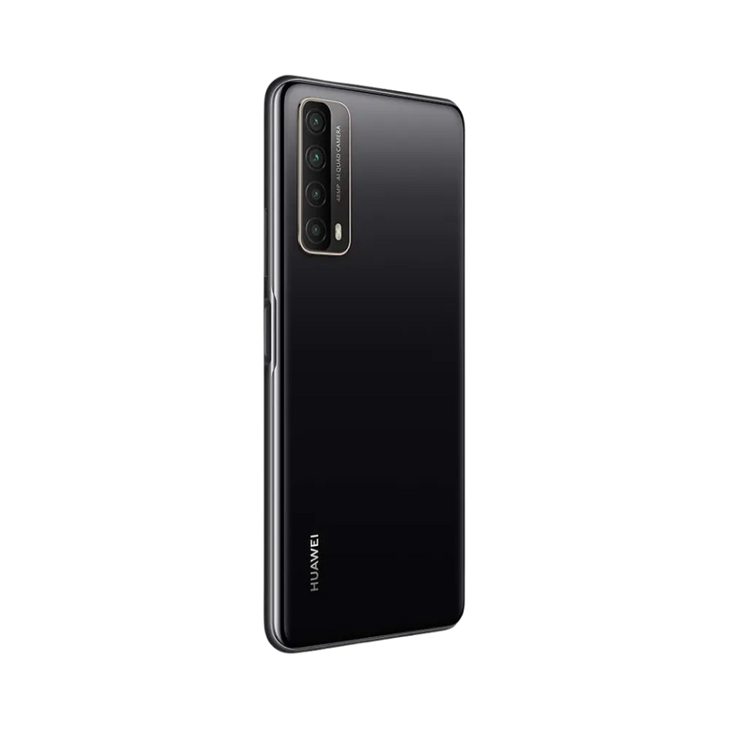Huawei P Smart 2021 incliné en biais laissant voir avant et dos noirs, appareil photo proéminent. Photo optimisée iTelier Lyon pour réparation vitre arrière, écran, batterie et diagnostic gratuit.