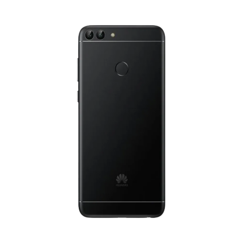 Smartphone Huawei P Smart en vue arrière noire mate, double appareil photo horizontal en haut à gauche et lecteur d’empreintes centré. Photo iTelier Lyon pour réparation vitre arrière, batterie et diagnostic gratuit.
