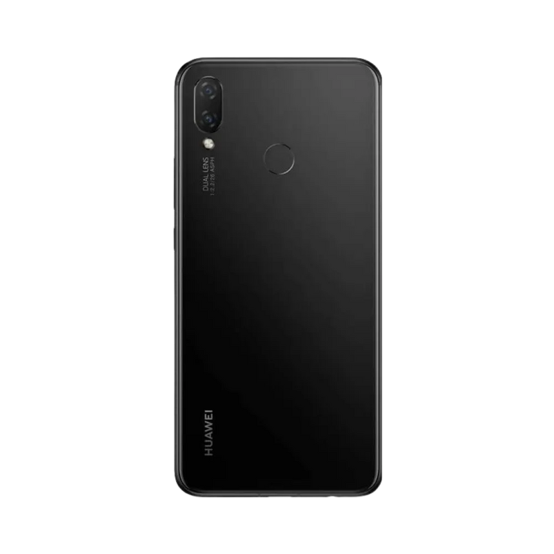 Smartphone Huawei P Smart Plus 2018 en vue arrière noire brillante, double appareil photo vertical et lecteur d’empreintes centré. Photo iTelier Lyon pour réparation vitre arrière, batterie et diagnostic gratuit.