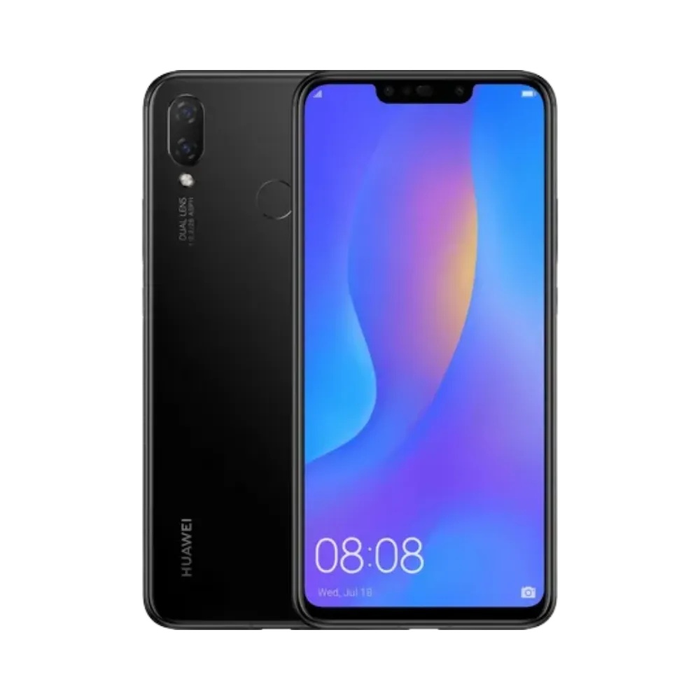 Photo Huawei P Smart Plus 2018 en vue avant avec écran allumé et arrière noir brillant visible, angle trois quarts. Image optimisée iTelier Lyon pour réparation écran LCD, batterie, diagnostic gratuit et pièces garanties.
