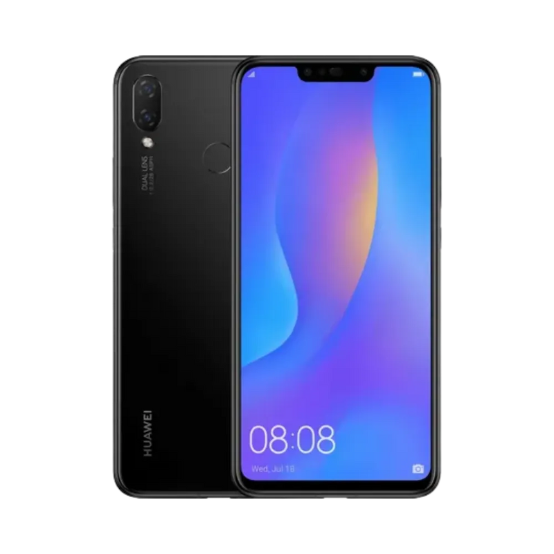 Photo Huawei P Smart Plus 2018 en vue avant avec écran allumé et arrière noir brillant visible, angle trois quarts. Image optimisée iTelier Lyon pour réparation écran LCD, batterie, diagnostic gratuit et pièces garanties.
