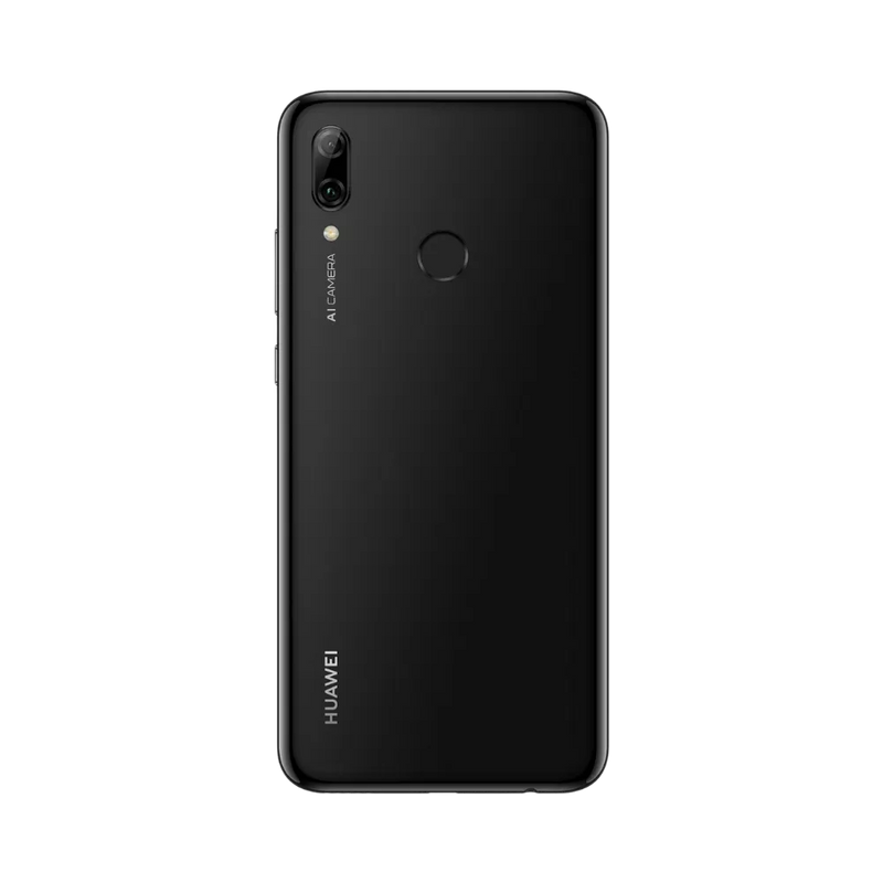 Smartphone Huawei P Smart Plus 2019 en vue arrière noire, double appareil photo vertical à gauche et lecteur d’empreintes centré. Photo iTelier Lyon pour réparation vitre arrière, batterie et diagnostic gratuit.