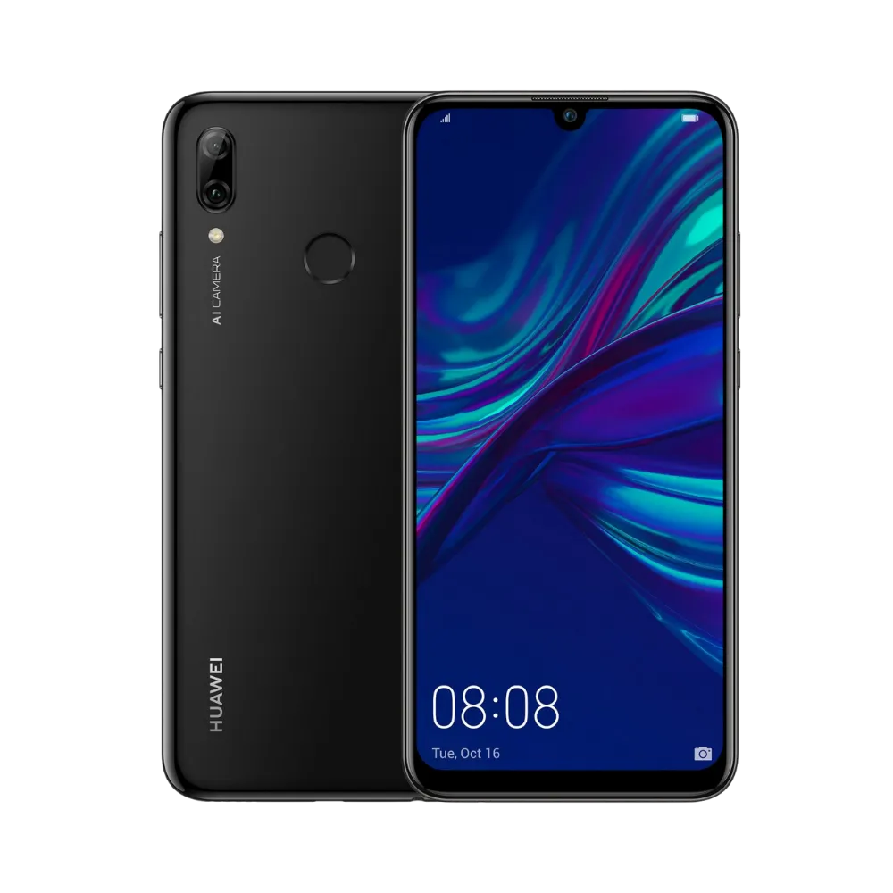 Photo Huawei P Smart Plus 2019 en vue avant avec écran allumé et arrière noir visible, angle trois quarts. Image optimisée iTelier Lyon pour réparation écran, batterie, diagnostic gratuit et pièces garanties.