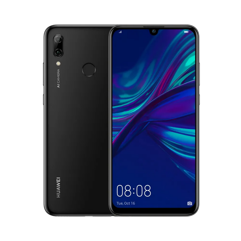Photo Huawei P Smart Plus 2019 en vue avant avec écran allumé et arrière noir visible, angle trois quarts. Image optimisée iTelier Lyon pour réparation écran, batterie, diagnostic gratuit et pièces garanties.