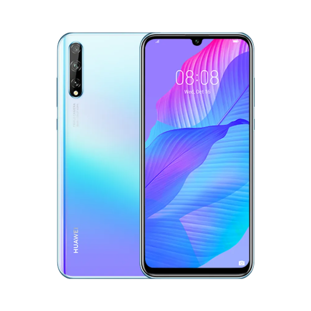 Photo Huawei P Smart S en vue avant avec écran allumé et arrière bleu dégradé visible, angle trois quarts. Image optimisée iTelier Lyon pour réparation écran OLED, batterie, diagnostic gratuit et pièces garanties.