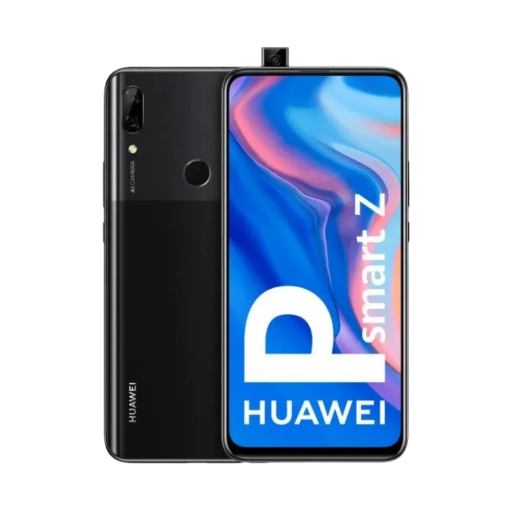 Photo Huawei P Smart Z en vue avant avec écran allumé sans encoche et dos noir visible, angle trois quarts. Image optimisée iTelier Lyon pour réparation écran LCD, batterie, diagnostic gratuit et pièces garanties.