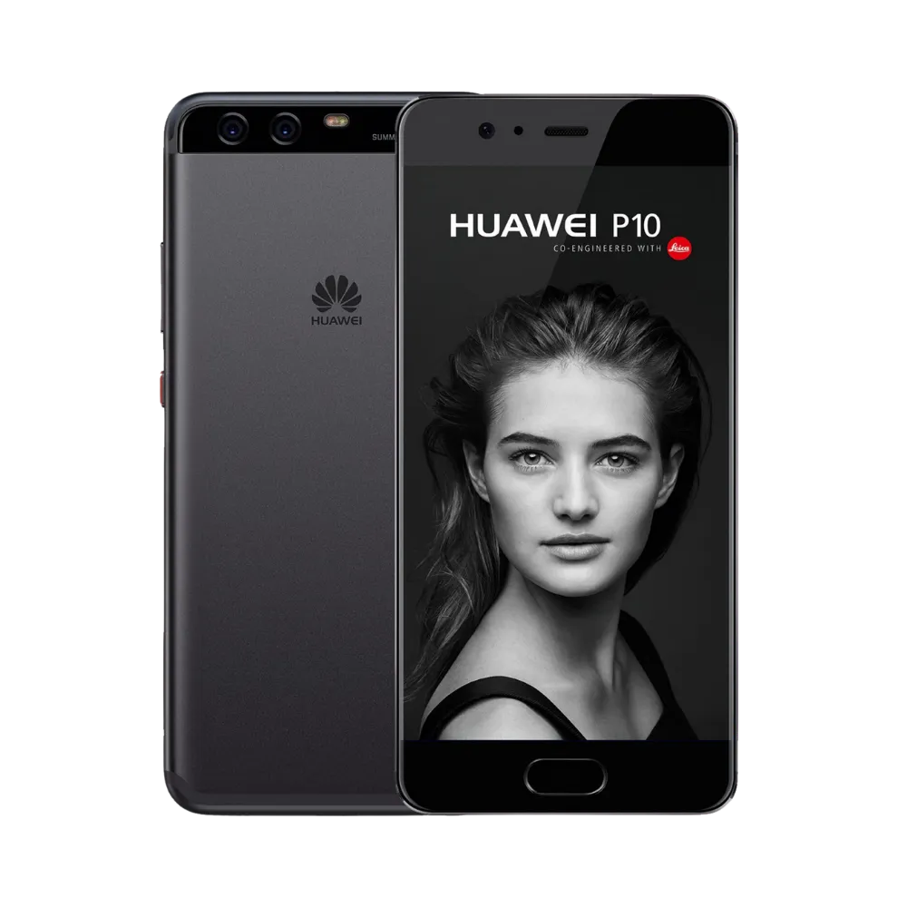 Photo Huawei P10 en vue avant avec écran allumé et arrière gris foncé visible, angle trois quarts. Image optimisée iTelier Lyon pour réparation écran LCD, batterie, diagnostic gratuit et pièces garanties.