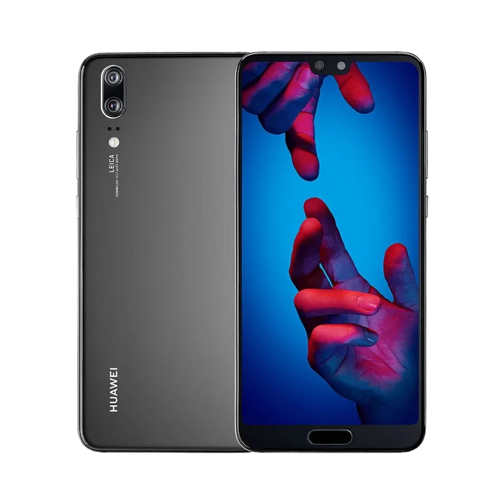 Photo Huawei P20 en vue avant avec écran allumé et arrière noir visible, angle trois quarts. Image optimisée iTelier Lyon pour réparation écran LCD, batterie, diagnostic gratuit et pièces garanties.