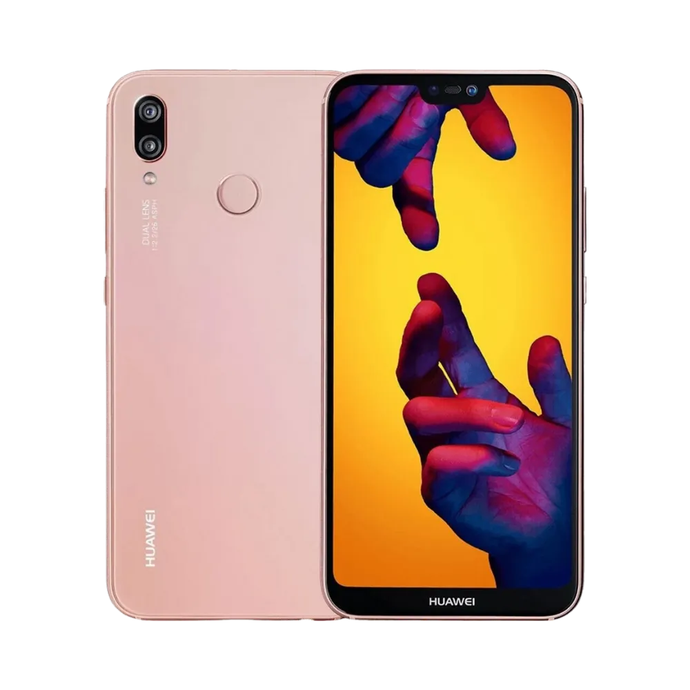 Photo Huawei P20 Lite en vue avant avec écran allumé et arrière rose visible, angle trois quarts. Image optimisée iTelier Lyon pour réparation écran LCD, batterie, diagnostic gratuit et pièces garanties.
