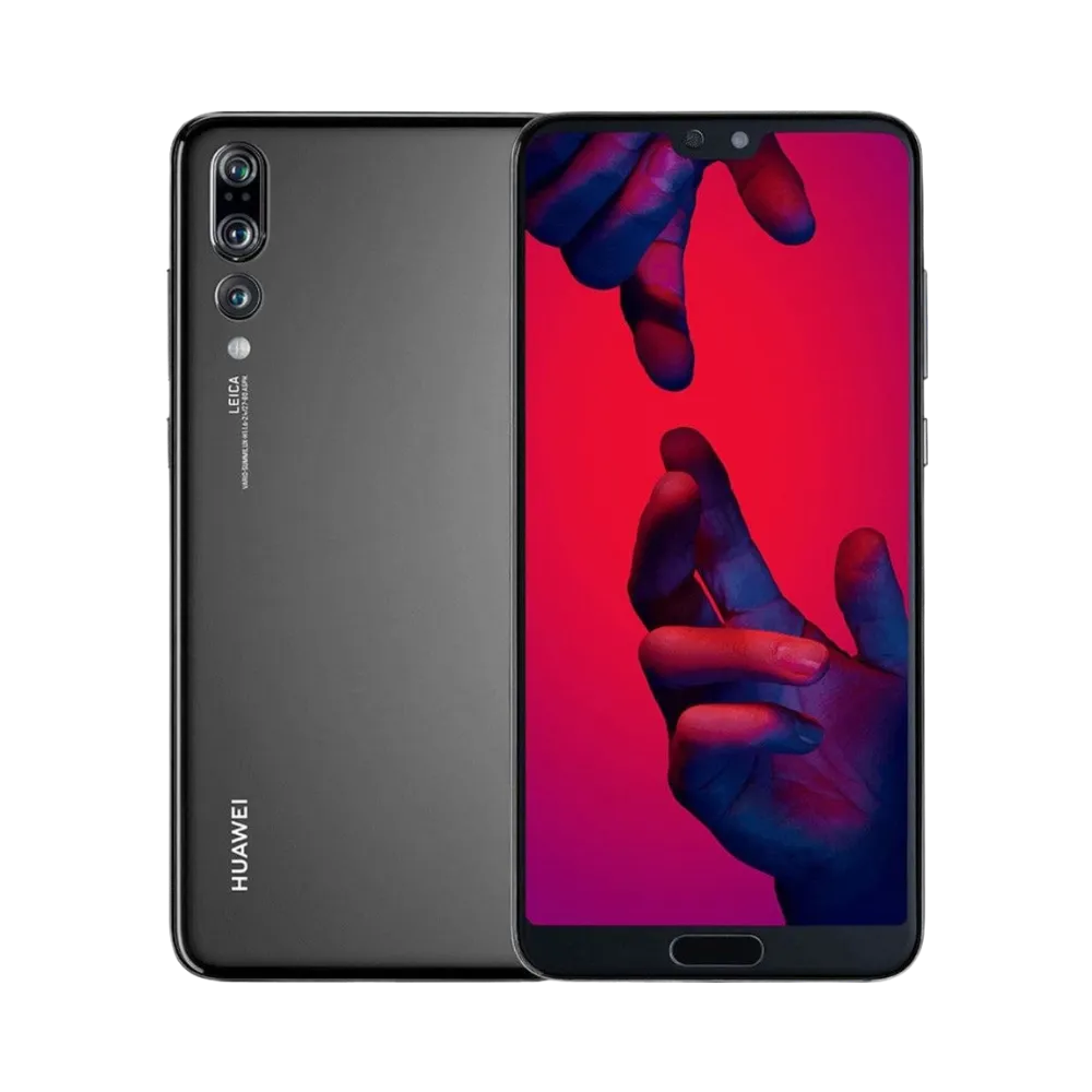 Photo Huawei P20 Pro en vue avant avec écran allumé et arrière noir visible, angle trois quarts. Image optimisée iTelier Lyon pour réparation écran OLED, batterie, diagnostic gratuit et pièces garanties.
