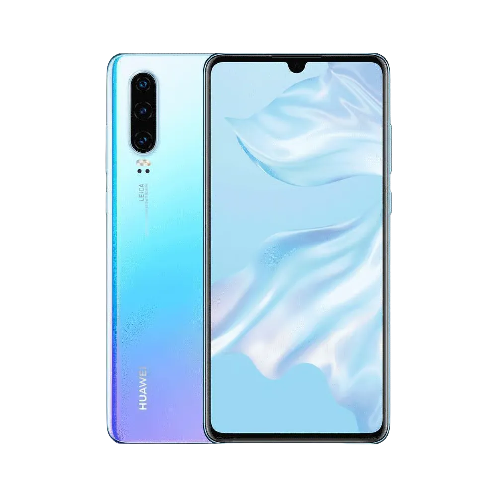 Photo Huawei P30 en vue avant avec écran allumé et arrière dégradé bleu-violet visible, angle trois quarts. Image optimisée iTelier Lyon pour réparation écran OLED, batterie, diagnostic gratuit et pièces garanties.