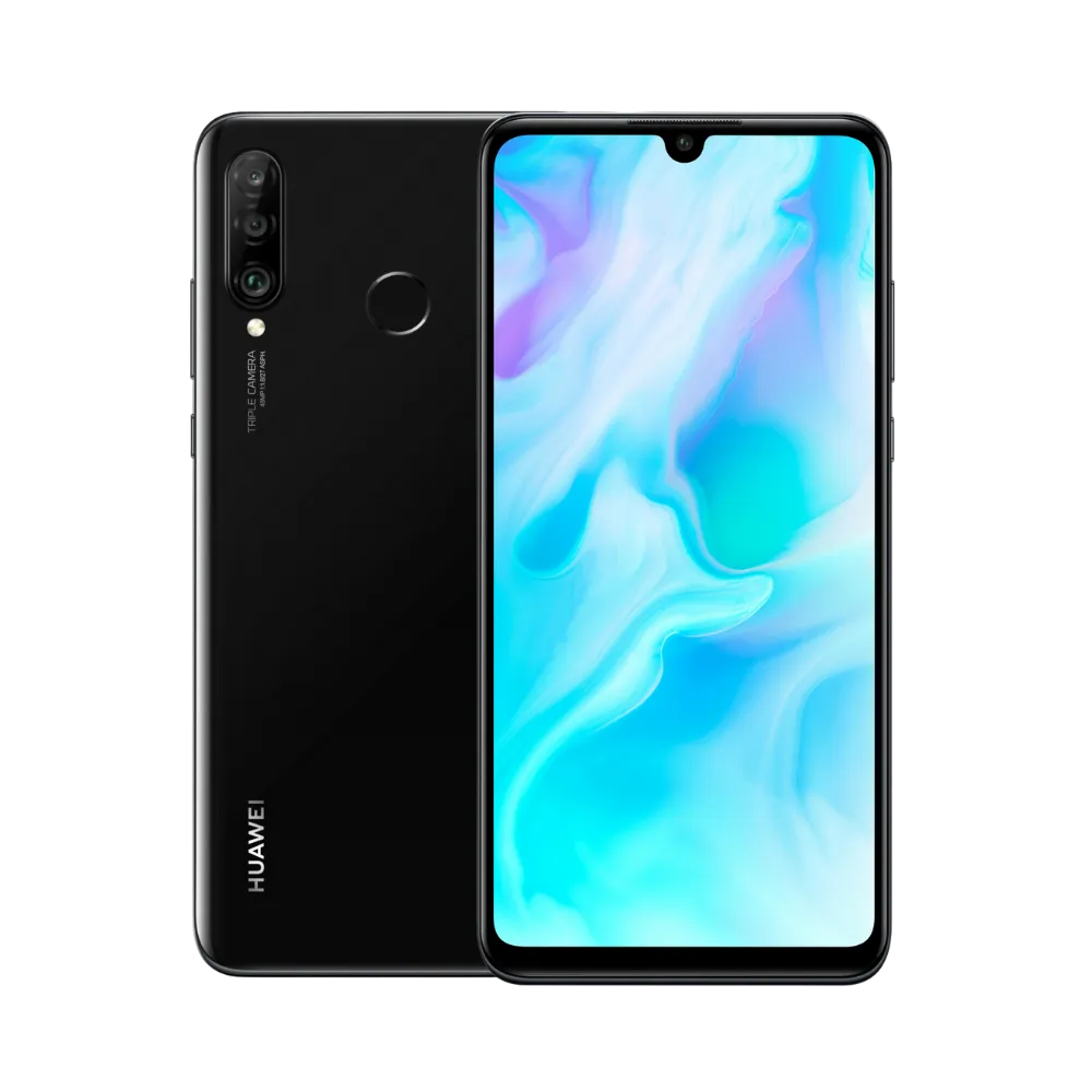 Photo Huawei P30 Lite en vue avant avec écran allumé et arrière noir visible, angle trois quarts. Image optimisée iTelier Lyon pour réparation écran LCD, batterie, diagnostic gratuit et pièces garanties.
