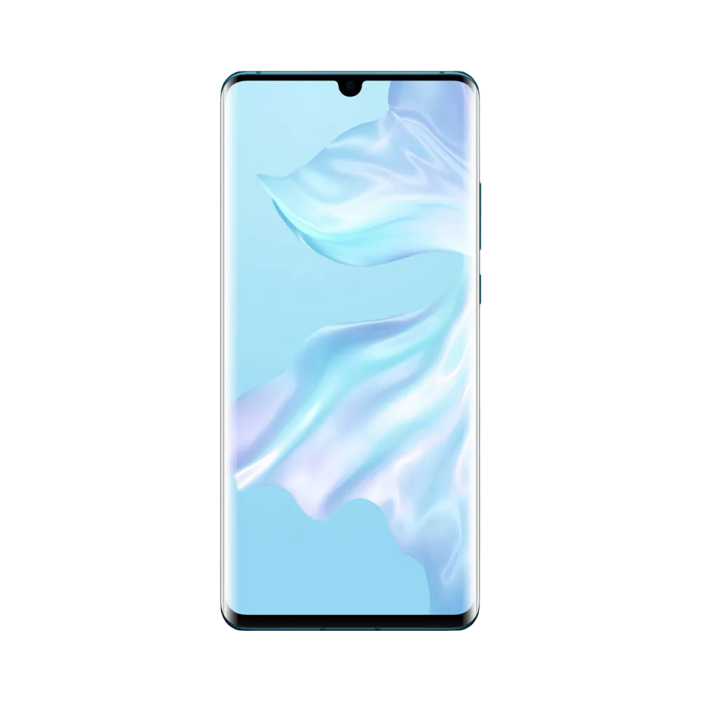 Huawei P30 Pro affiché en vue frontale avec écran allumé sur fond clair bleu et blanc. Illustration iTelier Lyon pour réparation écran cassé, vitre tactile, diagnostic offert et service rapide garanti.