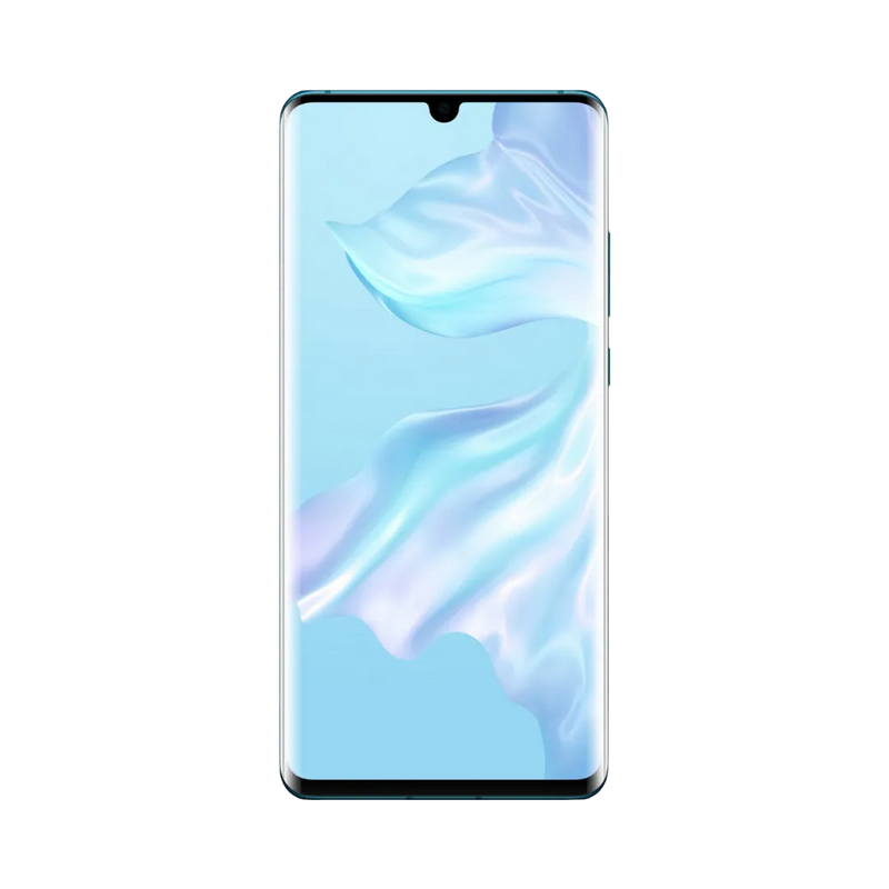 Huawei P30 Pro affiché en vue frontale avec écran allumé sur fond clair bleu et blanc. Illustration iTelier Lyon pour réparation écran cassé, vitre tactile, diagnostic offert et service rapide garanti.