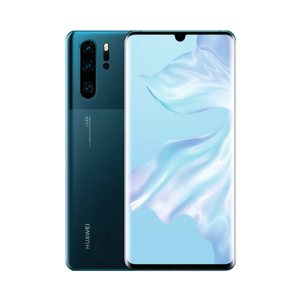 Photo Huawei P30 Pro en vue avant avec écran allumé et arrière bleu océan visible, angle trois quarts. Image optimisée iTelier Lyon pour réparation écran OLED incurvé, batterie, diagnostic gratuit et pièces garanties.