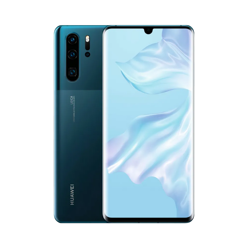 Photo Huawei P30 Pro en vue avant avec écran allumé et arrière bleu océan visible, angle trois quarts. Image optimisée iTelier Lyon pour réparation écran OLED incurvé, batterie, diagnostic gratuit et pièces garanties.
